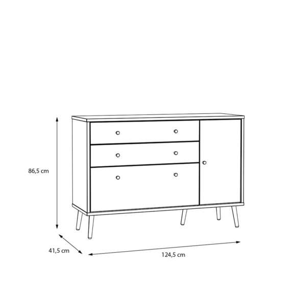 Skjenk HARLLSON - 125x86 cm - eik mauvella - hvit matt - 1 dør - 3 skuffer