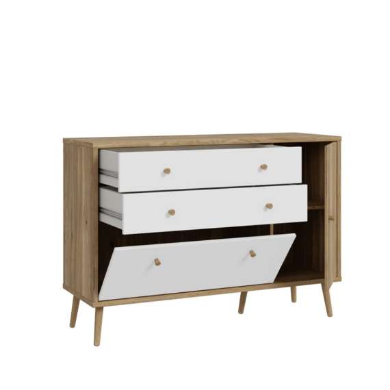Skjenk HARLLSON - 125x86 cm - eik mauvella - hvit matt - 1 dør - 3 skuffer