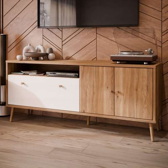 Tv-benk HARLLSON - 159x67 cm - eik mauvella - hvit matt - 3 dører