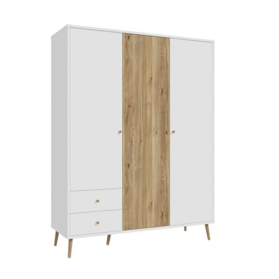 Garderobeskap HARLLSON - 155x202 cm - hvit matt - eik mauvella - 3 dører - 2 skuffer