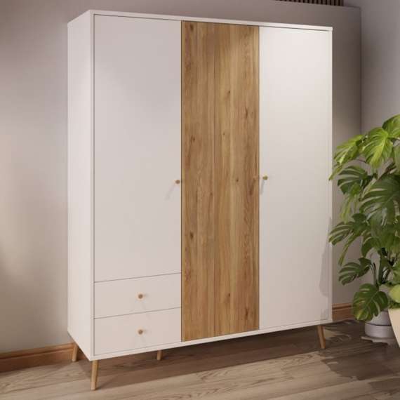 Garderobeskap HARLLSON - 155x202 cm - hvit matt - eik mauvella - 3 dører - 2 skuffer