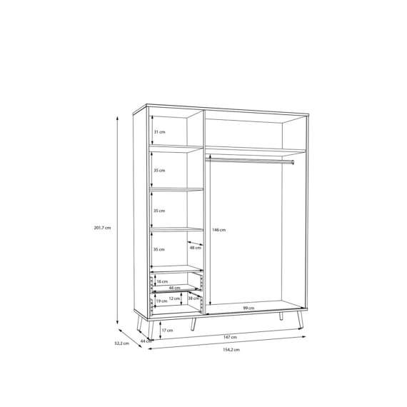 Garderobeskap HARLLSON - 155x202 cm - hvit matt - eik mauvella - 3 dører - 2 skuffer