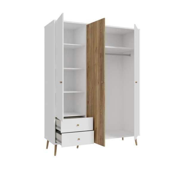 Garderobeskap HARLLSON - 155x202 cm - hvit matt - eik mauvella - 3 dører - 2 skuffer