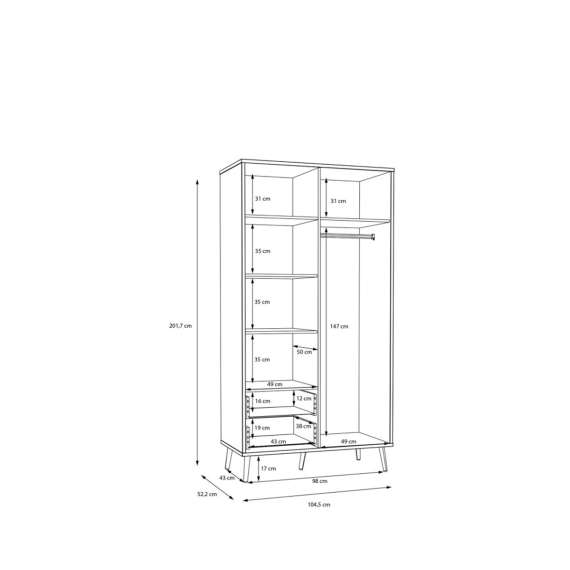 Garderobeskap HARLLSON - 105x202 cm - hvit matt - eik mauvella
