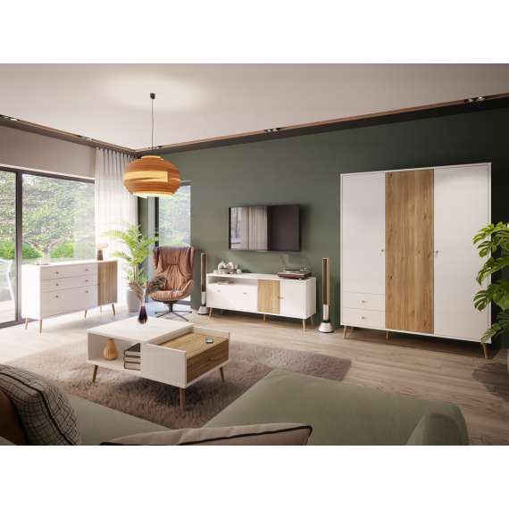 Skjenk HARLLSON - 159x86 cm - hvit matt - eik mauvella - 3 dører - 2 skuffer