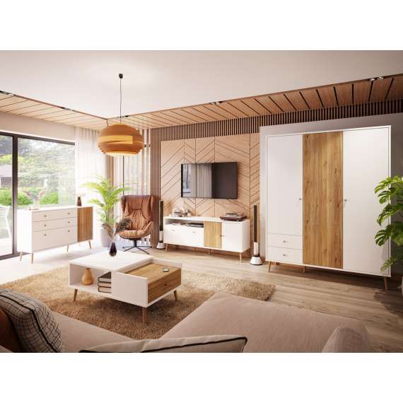 Skjenk HARLLSON - 159x86 cm - hvit matt - eik mauvella - 3 dører - 2 skuffer