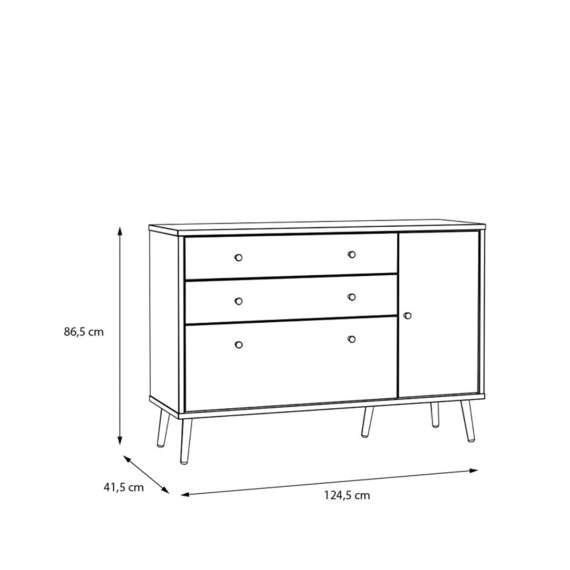 Skjenk HARLLSON - 125x86 cm - hvit matt - eik mauvella - 1 dør - 3 skuffer