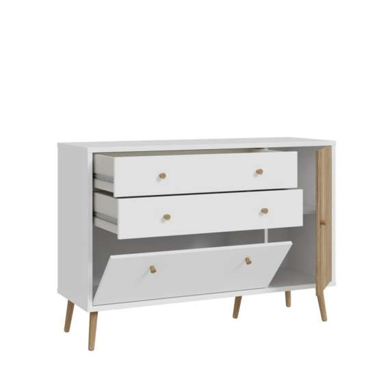 Skjenk HARLLSON - 125x86 cm - hvit matt - eik mauvella - 1 dør - 3 skuffer