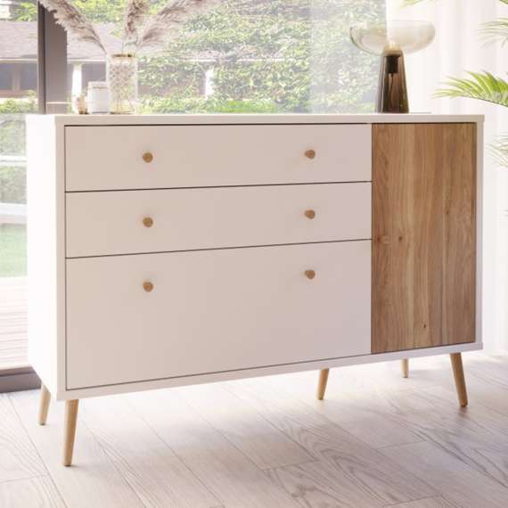 Skjenk HARLLSON - 125x86 cm - hvit matt - eik mauvella - 1 dør - 3 skuffer