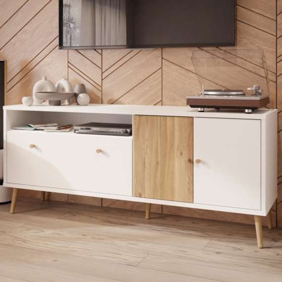 Tv-benk HARLLSON - 159x67 cm - hvit matt - eik mauvella - 3 dører