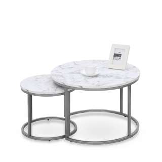 Bordsett PAOLA Ø38 - Ø60 cm - hvit imitasjon marmor - sølv undestell