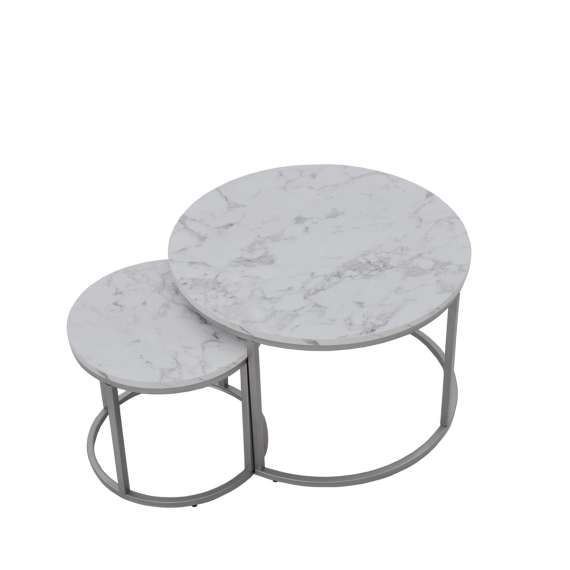 Bordsett PAOLA Ø38 - Ø60 cm - hvit imitasjon marmor - sølv undestell