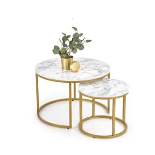 Bordsett PAOLA Ø38 - Ø60 cm - hvit imitasjon marmor - gull undestell