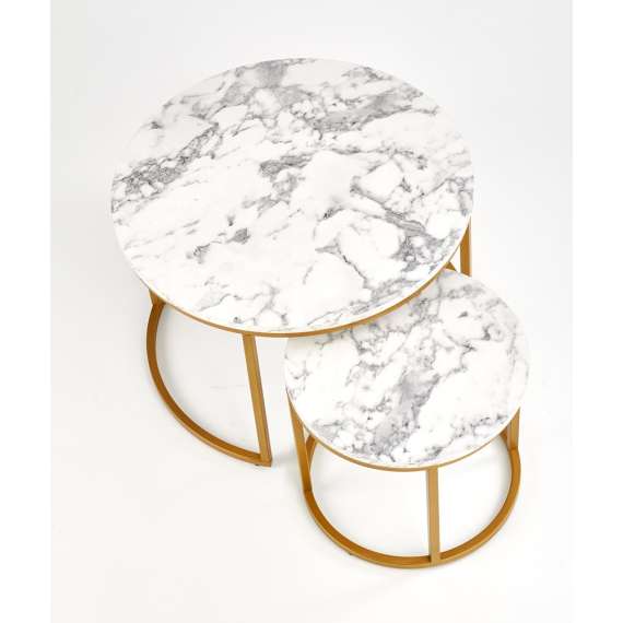 Bordsett PAOLA Ø38 - Ø60 cm - hvit imitasjon marmor - gull undestell
