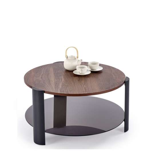 Sofabord LIRA Ø80 cm - valnøtt  - glass hylle