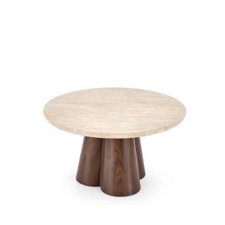 Sofabord FRIDAS - Ø80 cm - travertin - valnøtt understell