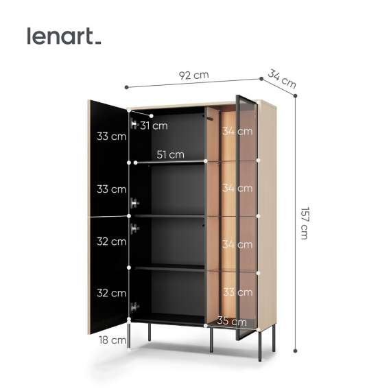 Vitrineskap Flow 92x157 cm - eik - med LED lys