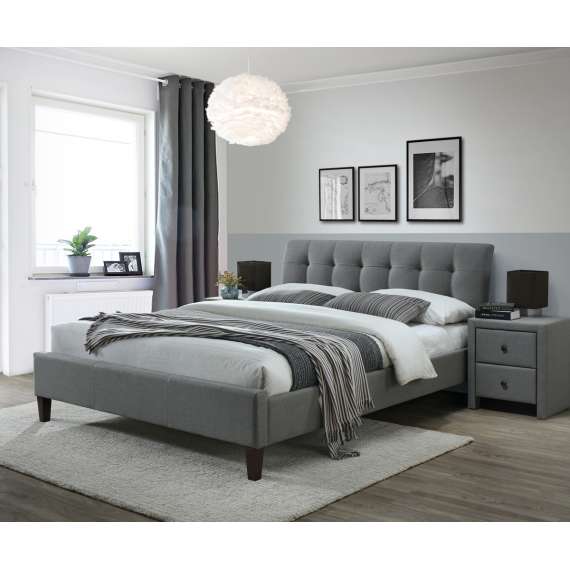 Seng SAMARA 160x200 cm - grå stoff- valnøtt bein