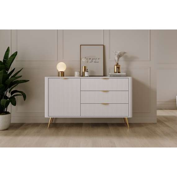 Skjenk Lante 138x81 cm - hvit - 1 dør - 3 skuffer