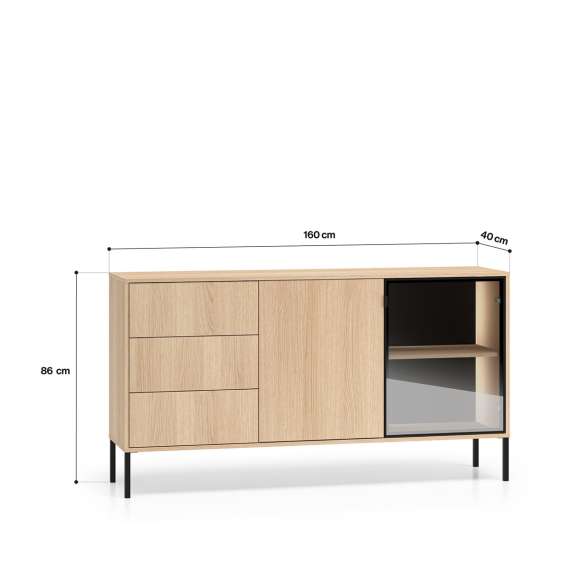 Skjenk BARNEE 160x86 cm - 2 dører - 2 skuffer - eik lindberg - LED
