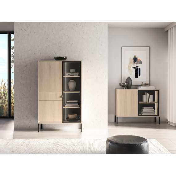 Vitrineskap BARNEE 92x150 cm - 2 dører - 1 skuff - eik lindberg - LED