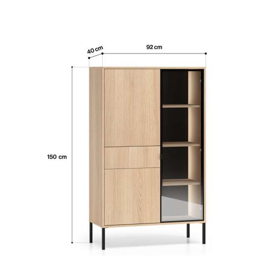 Vitrineskap BARNEE 92x150 cm - 2 dører - 1 skuff - eik lindberg - LED