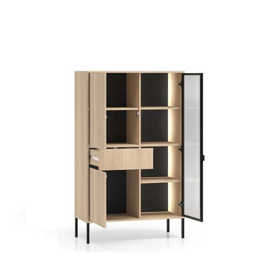 Vitrineskap BARNEE 92x150 cm - 2 dører - 1 skuff - eik lindberg - LED