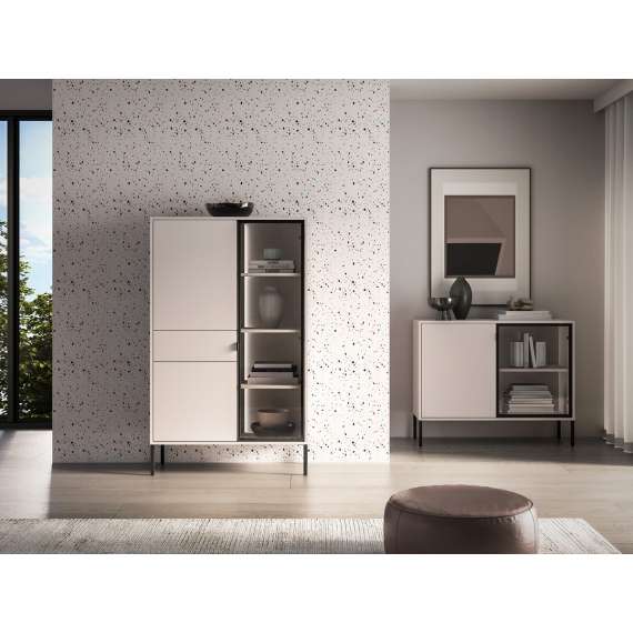 Vitrineskap BARNEE 92x150 cm - 2 dører - 1 skuff - cashmere - LED