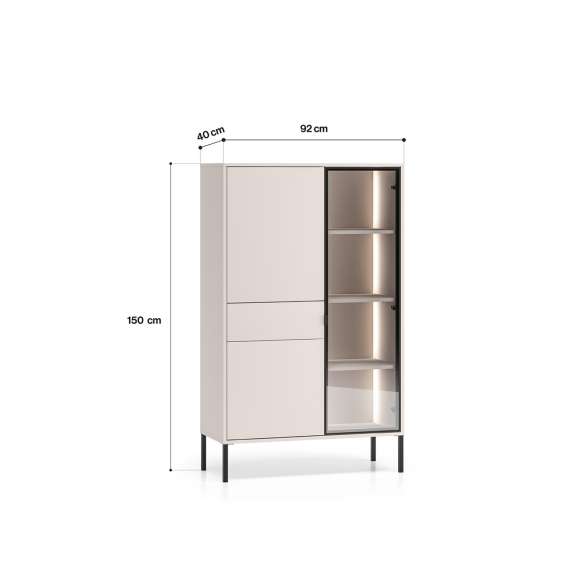 Vitrineskap BARNEE 92x150 cm - 2 dører - 1 skuff - cashmere - LED