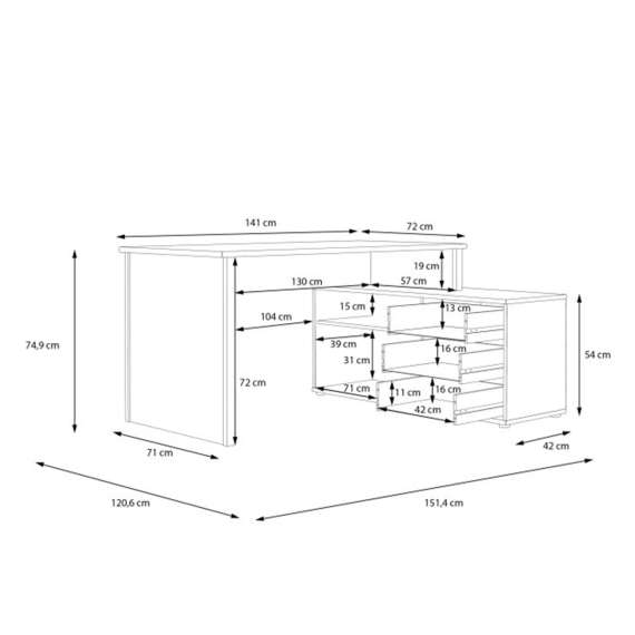 Skrivebord ARCHBOX - 151 x121 cm - eik artisan - 2 dører - 3 skuffer