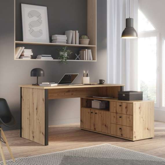 Skrivebord ARCHBOX - 151 x121 cm - eik artisan - 2 dører - 3 skuffer