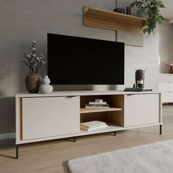 Tv-benk SERAVEL 160x59 cm - 2 dører - beige sand - eik mauvella