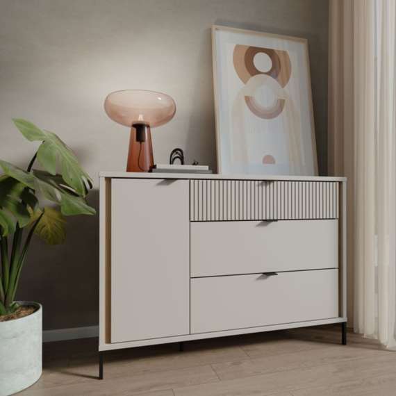 Skjenk SERAVEL 124x87 cm - 1 dør - 3 skuffer - beige sand - eik mauvella