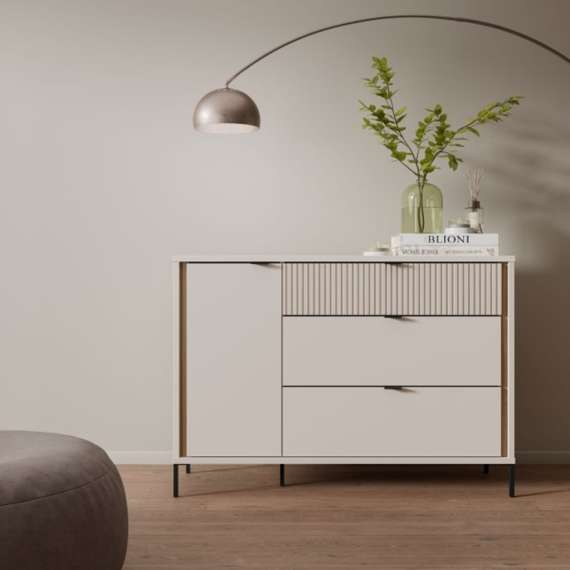Skjenk SERAVEL 124x87 cm - 1 dør - 3 skuffer - beige sand - eik mauvella