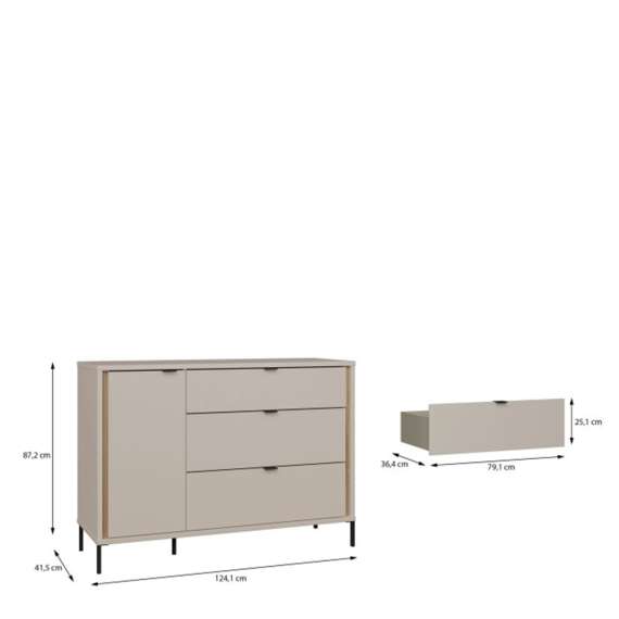 Skjenk SERAVEL 124x87 cm - 1 dør - 3 skuffer - beige sand - eik mauvella