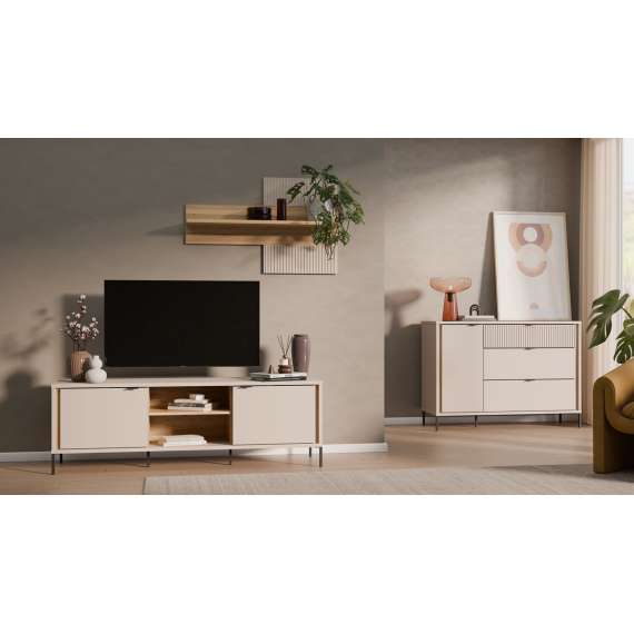 Skjenk SERAVEL 124x87 cm - 1 dør - 3 skuffer - beige sand - eik mauvella
