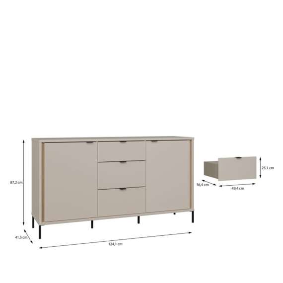 Skjenk SERAVEL 160x87 cm - 2 dører - 3 skuffer - beige sand - eik mauvella