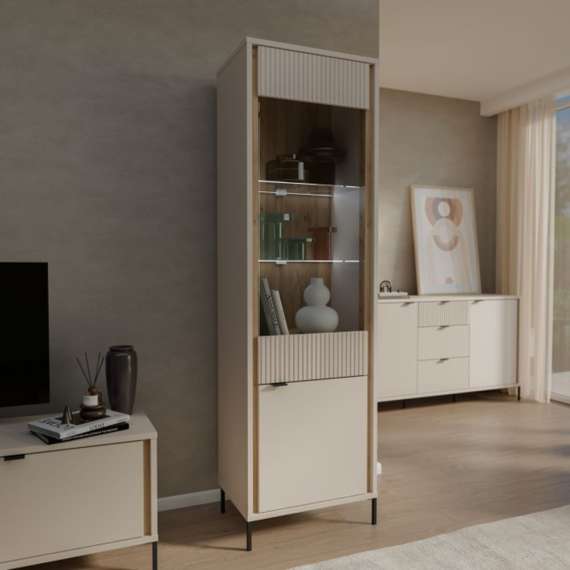 Vitrineskap SERAVEL 59x199 cm - 1 dør - beige sand - eik mauvella