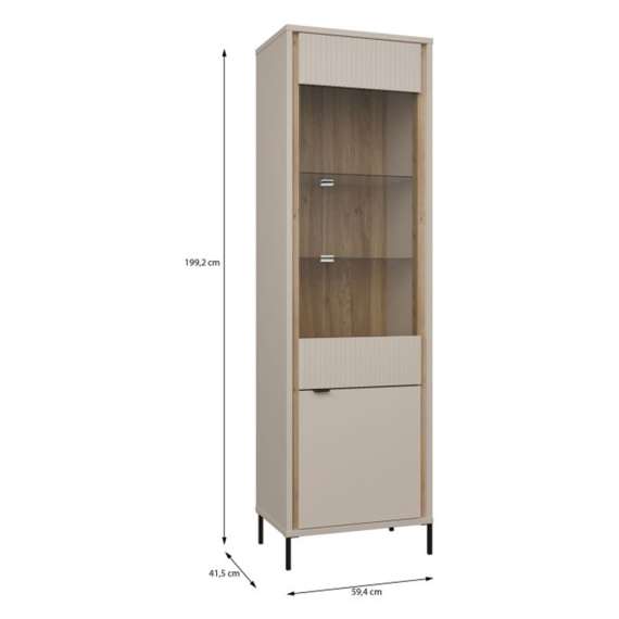 Vitrineskap SERAVEL 59x199 cm - 1 dør - beige sand - eik mauvella