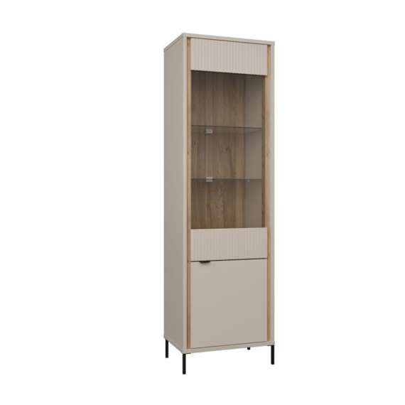 Vitrineskap SERAVEL 59x199 cm - 1 dør - beige sand - eik mauvella