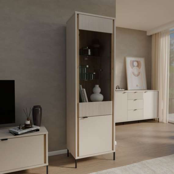 Vitrineskap SERAVEL 59x199 cm - 1 dør - beige sand - eik mauvella