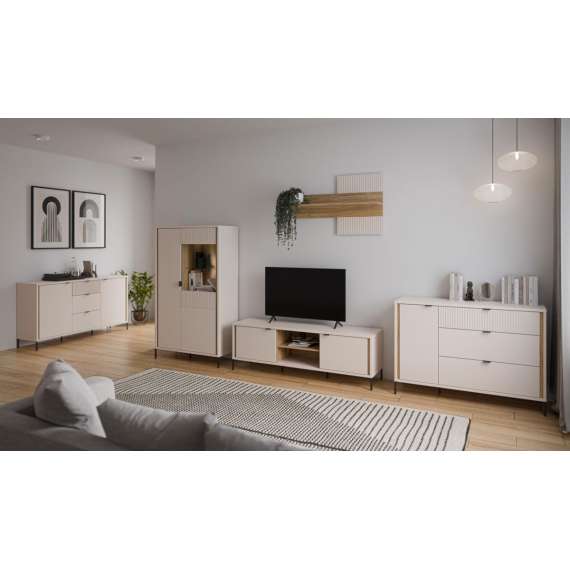 Vitrineskap SERAVEL 59x199 cm - 1 dør - beige sand - eik mauvella
