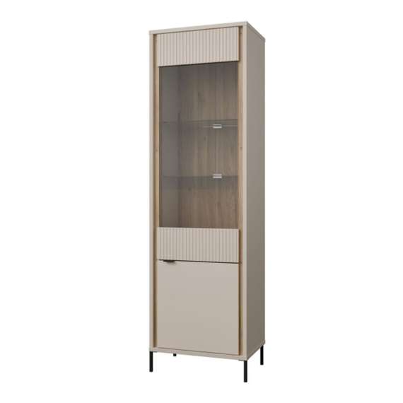 Vitrineskap SERAVEL 59x199 cm - 1 dør - beige sand - eik mauvella