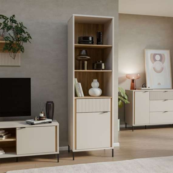 Reol SERAVEL 59x199 cm - 1 dør - 1 skuff - beige sand - eik mauvella
