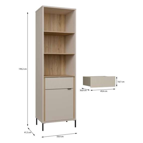 Reol SERAVEL 59x199 cm - 1 dør - 1 skuff - beige sand - eik mauvella