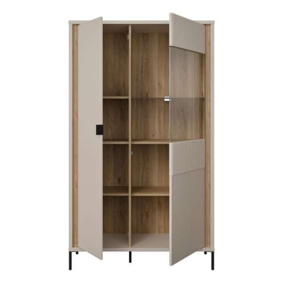 Vitrineskap SERAVEL 94x161 cm - 2 dører - beige sand - eik mauvella