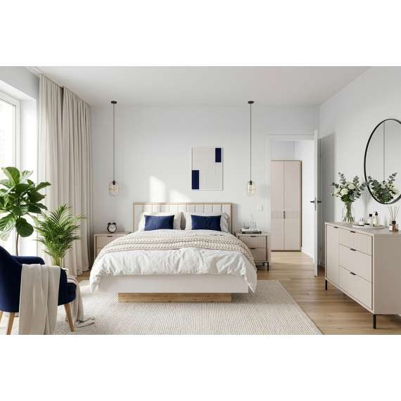Seng SERAVEL 140x200 cm - beige sand - oppbevaringsplass - LED