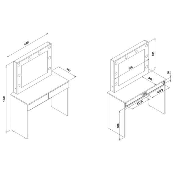 Sminkebord Remi - 100x140 cm - hvit - med speil og lys