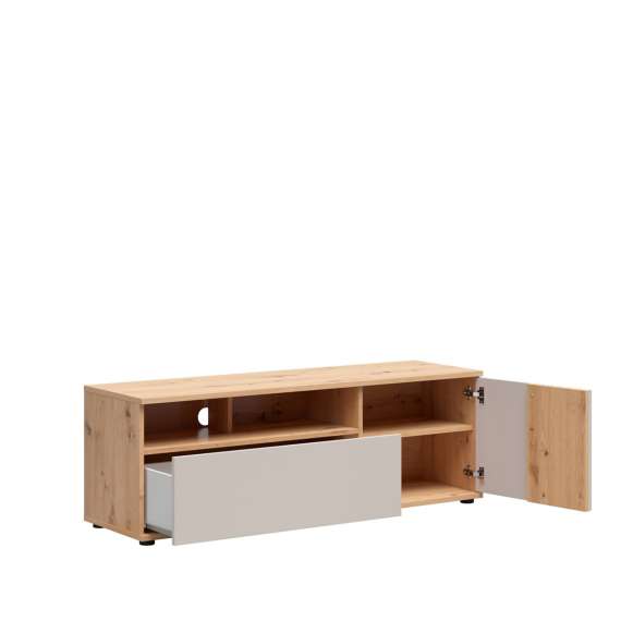 Tv-benk BREVAS 135x46 cm - 1 dør - 1 skuff - cashmere - eik artisan