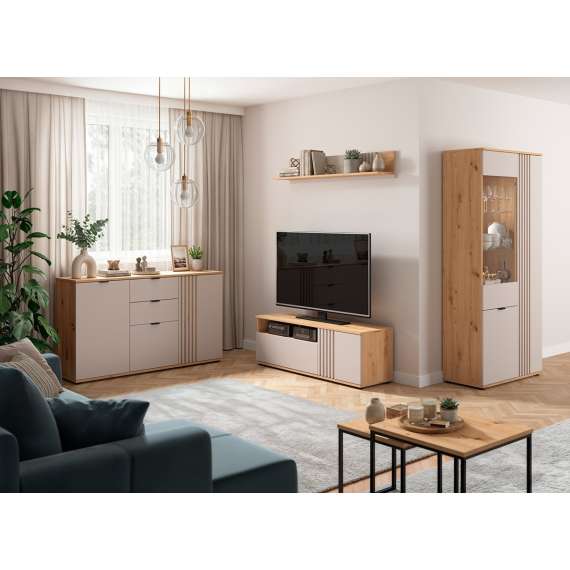 Tv-benk BREVAS 135x46 cm - 1 dør - 1 skuff - cashmere - eik artisan